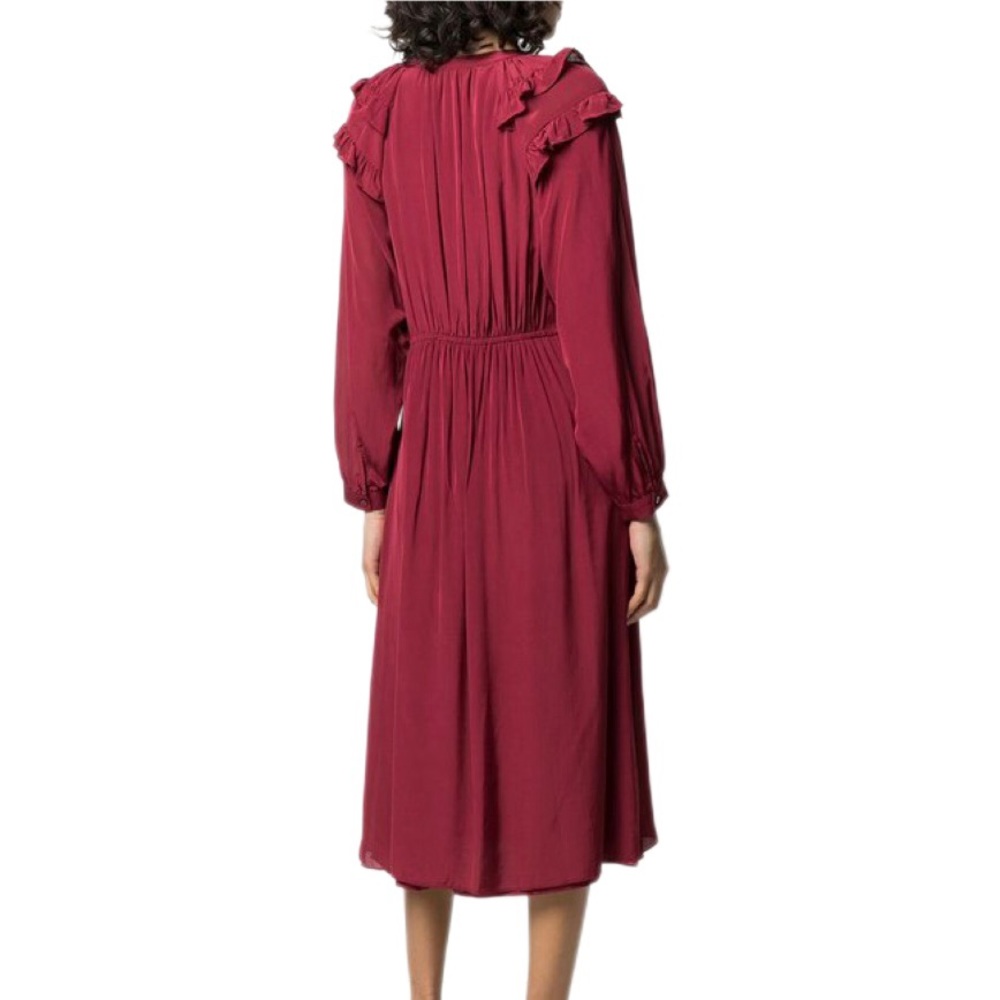 ba&sh Burgundy Midi Dress with Ruffle Shoulders - Picture 3 of 10